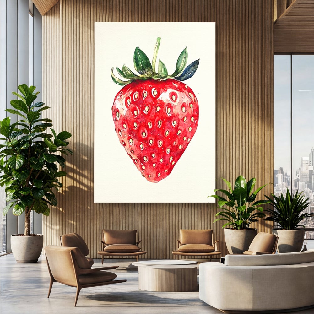 Tablou canvas cu pictura cu o capsuna rosie, fara rama, pe sasiu de lemn, pe perete intr-un birou